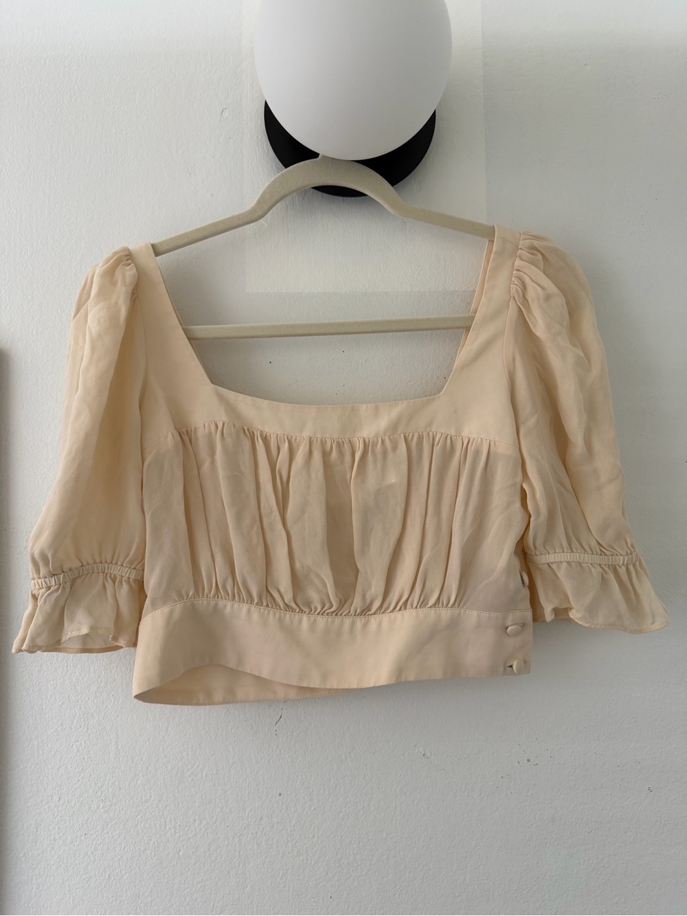 Stone cold fox crop cream puff 3/4 length sleeve square neck silk top